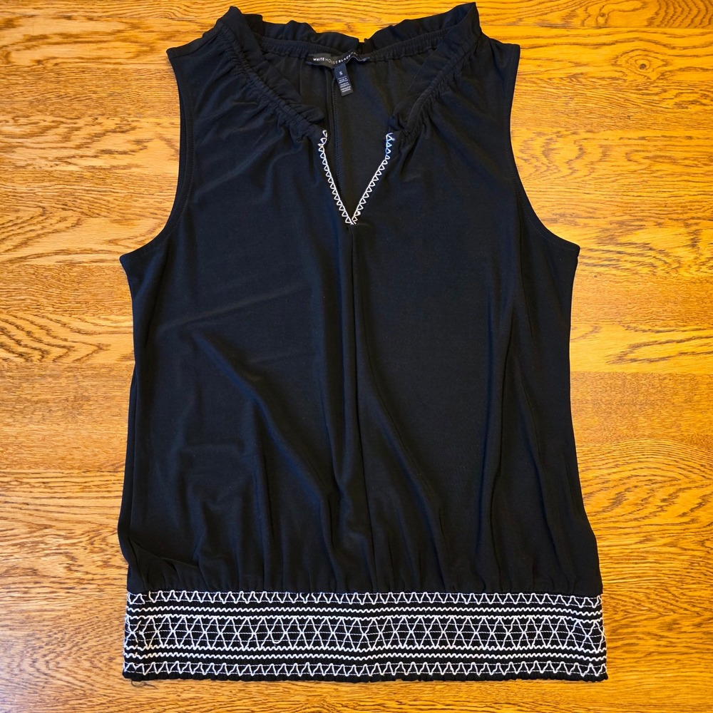 White House Black Market S Black Gathered Smocked Hem Embroidered Blouse Tank - Picture 12 of 12